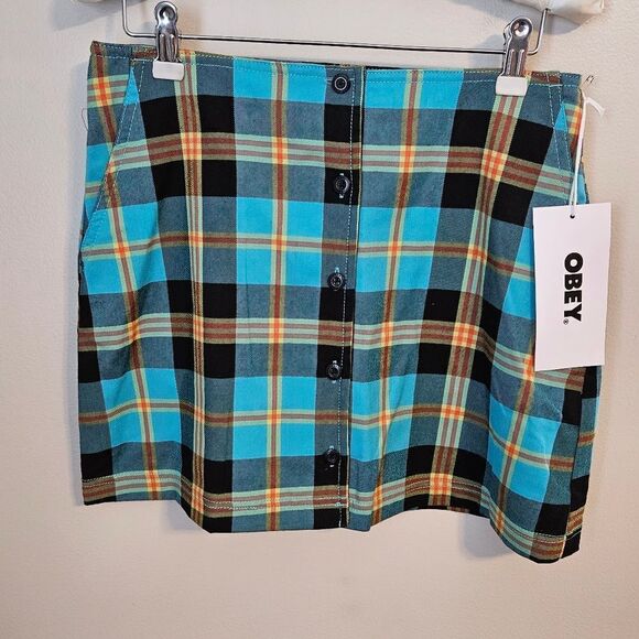 OBEY Skirt Joanie Plaid Aqua Multicolor High Waisted Business Casual Mini - Picture 8 of 8